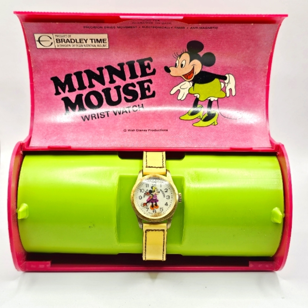 1970's Bradley Minnie Mouse Manually Wound Watch & Original Plastic Case Running